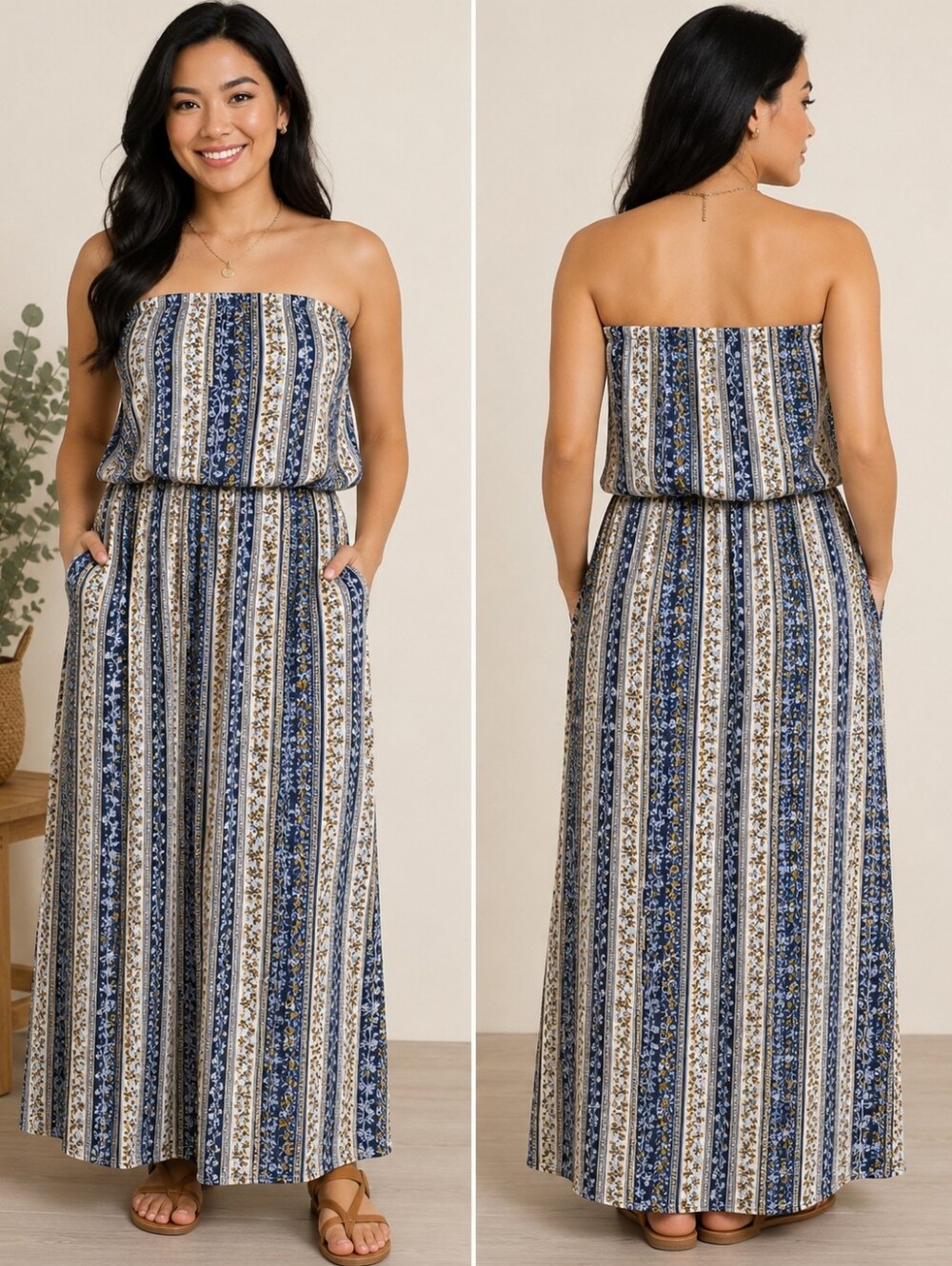 Justify Size 2X Blue Floral Stripe Strapless Maxi Dress Pockets A-234